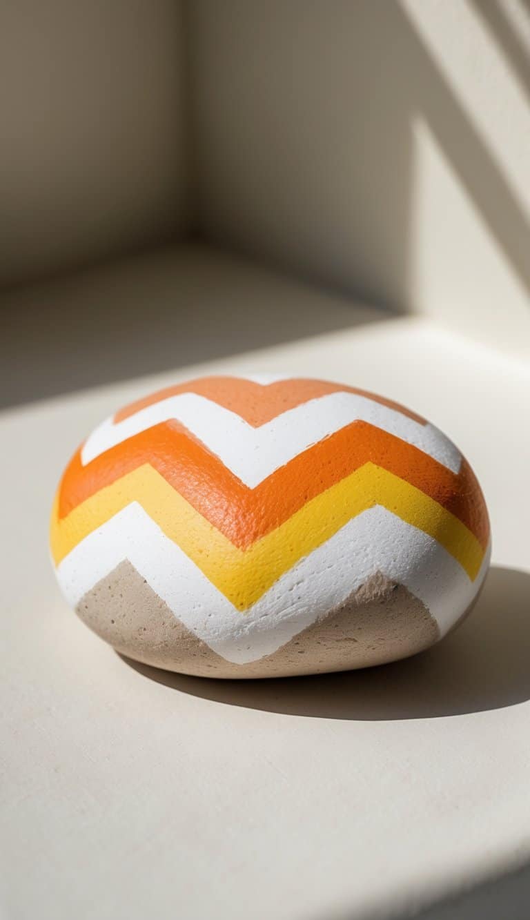 A close-up image of a single painted rock with a candy corn design featuring chevron stripes on a plain background.