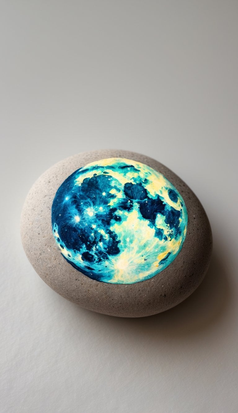 A close-up image of a single painted rock featuring a moon design on a plain background.