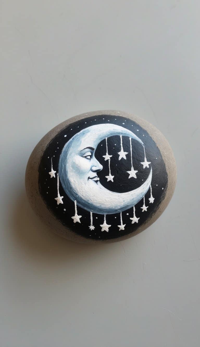 A single smooth river rock painted with a moon and hanging stars on a plain background.