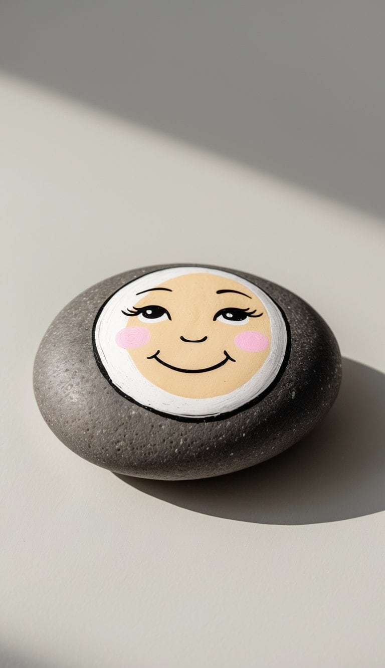 A single smooth river rock painted with a smiling moon face on a plain background.