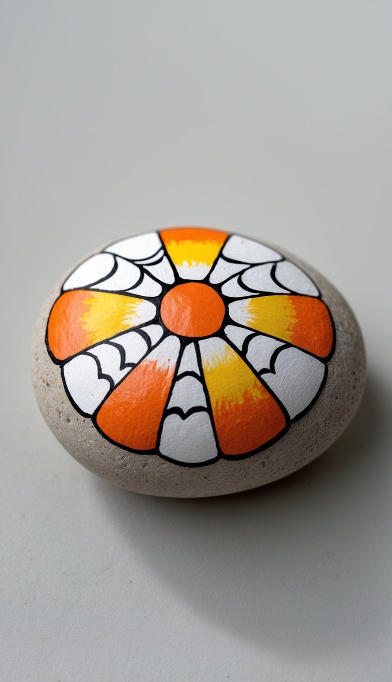 A single smooth river rock painted with a candy corn design and spider web details on a plain background.
