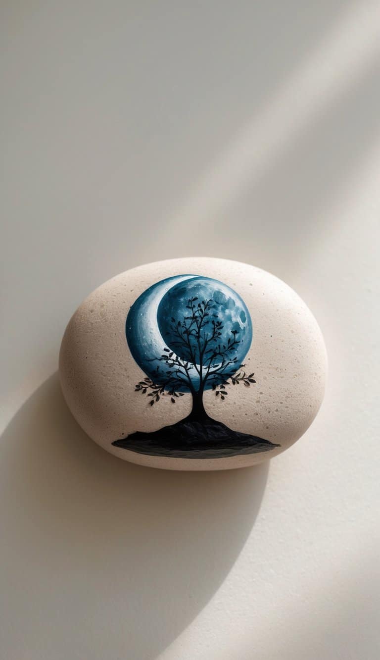 A close-up image of a smooth rock painted with a crescent moon and a tree growing from its base, set against a plain background.