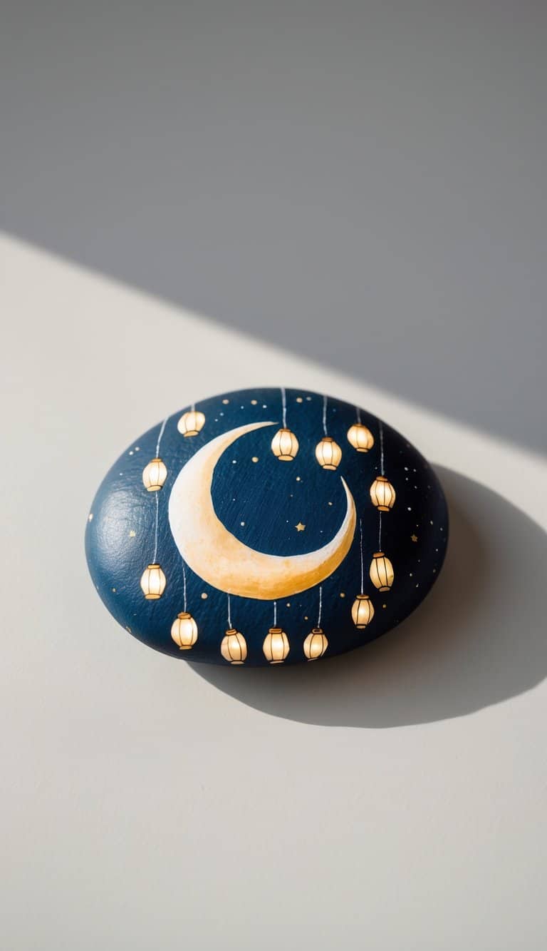 A close-up image of a single painted rock featuring a crescent moon and floating lanterns on a plain background.