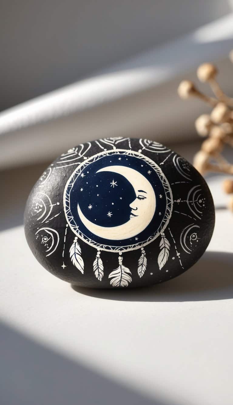 A single smooth river rock painted with a detailed moon inside a dreamcatcher design on a neutral background.