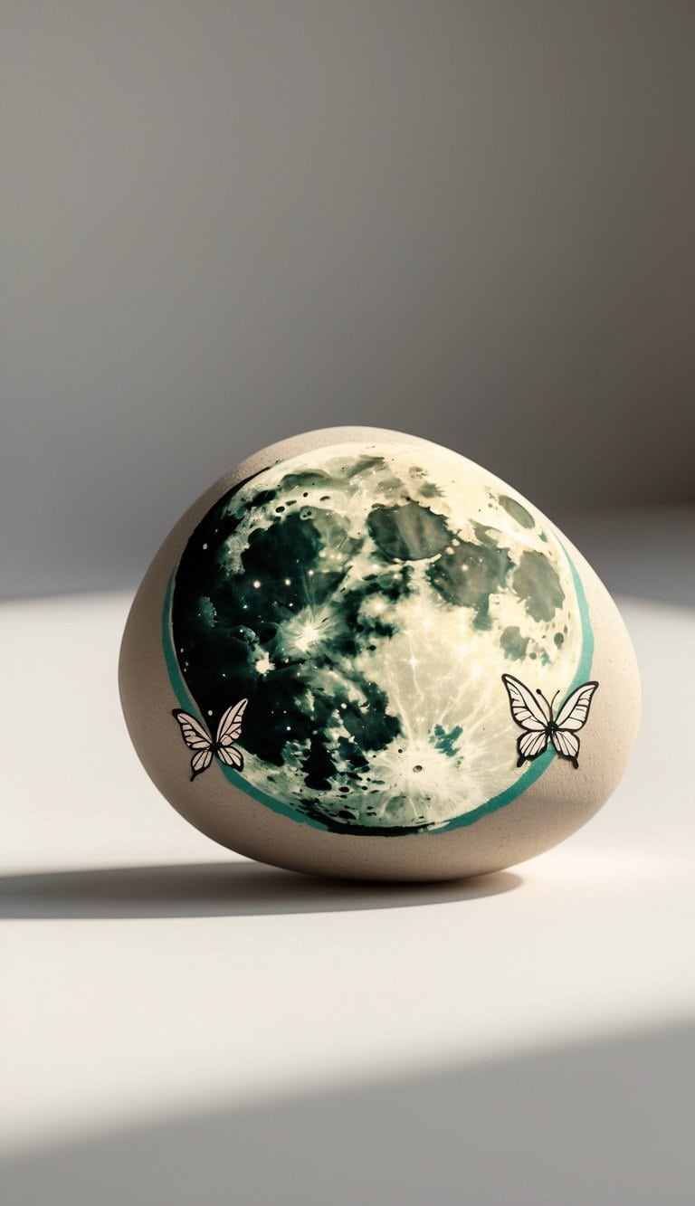 A close-up photo of a smooth river rock painted with a moon and butterfly design on a plain background.