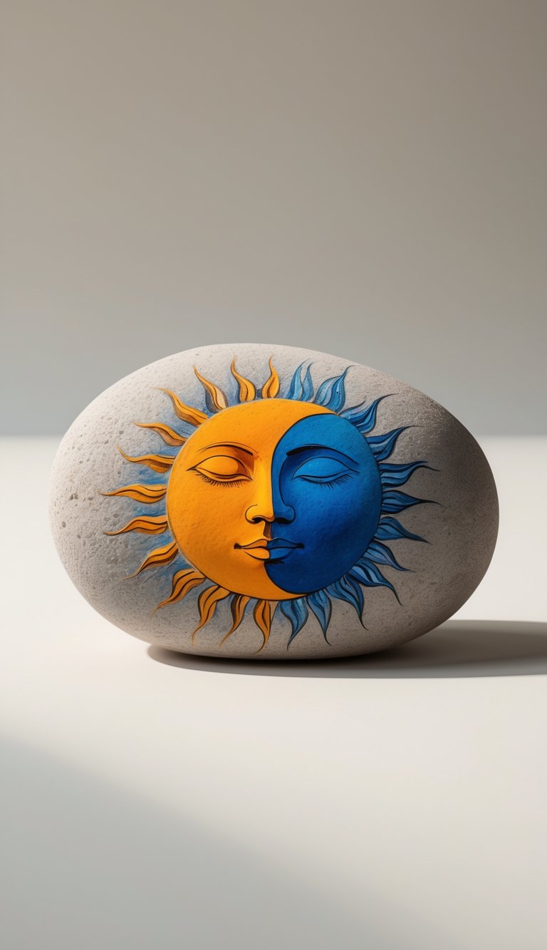 Close-up photo of a single painted rock featuring a combined moon and sun face design on a plain background.