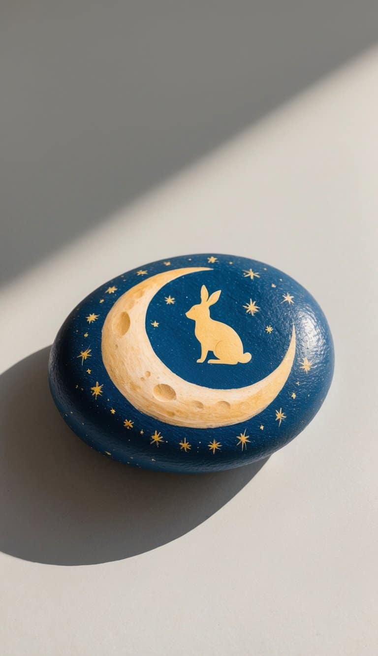 A single smooth river rock painted with a moon and rabbit silhouette design on a plain background.