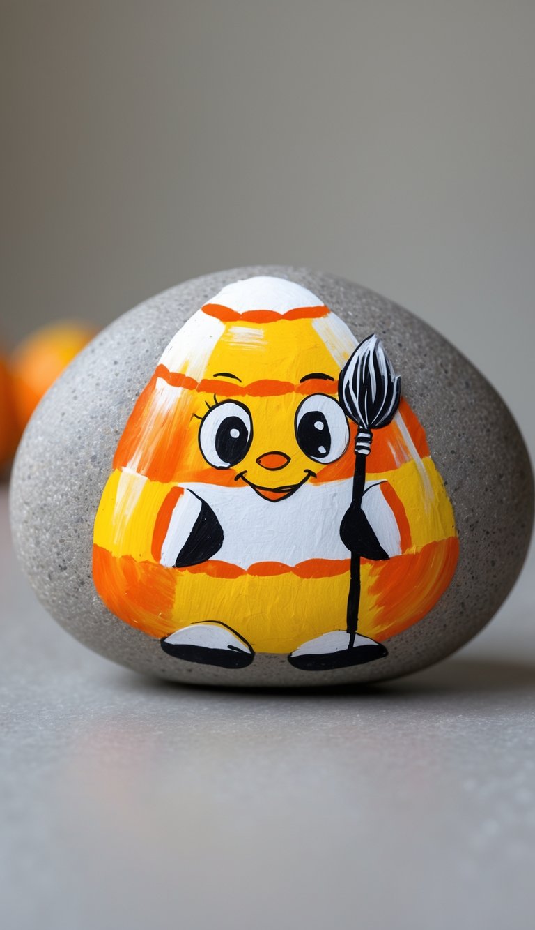 A single painted rock featuring a candy corn character holding a witch broom on a plain background.