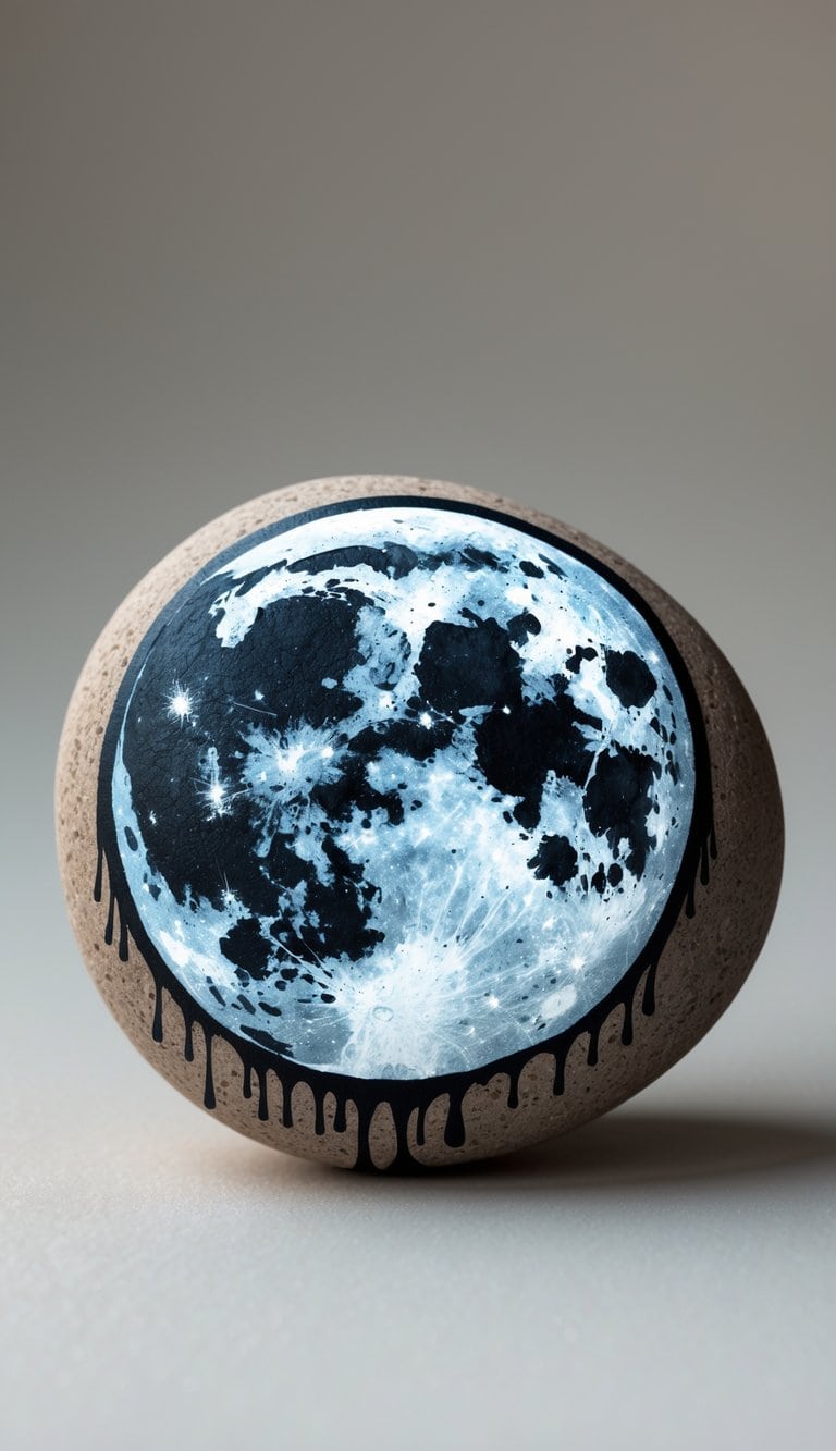 A single smooth river rock painted with a moon design and dripping paint effect on a plain background.