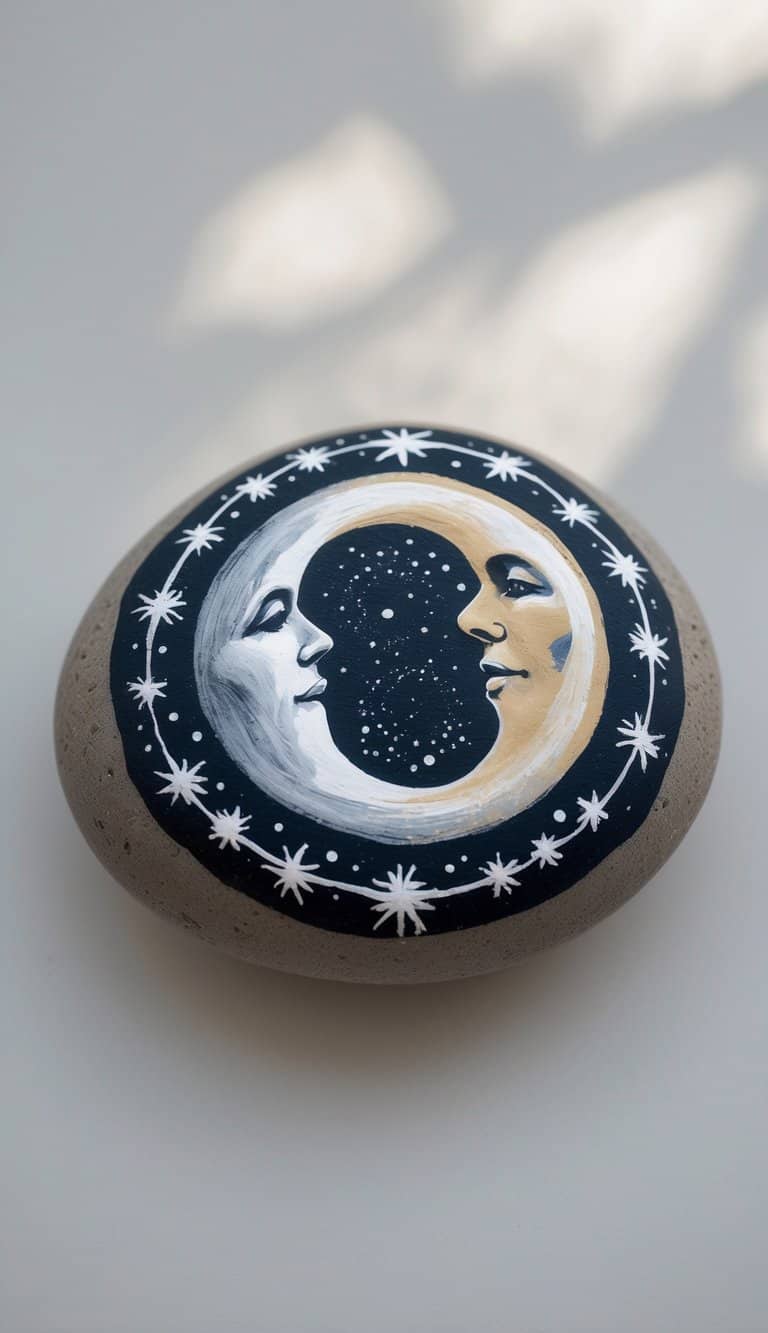 A single painted rock featuring a moon and star trail design on a plain background.