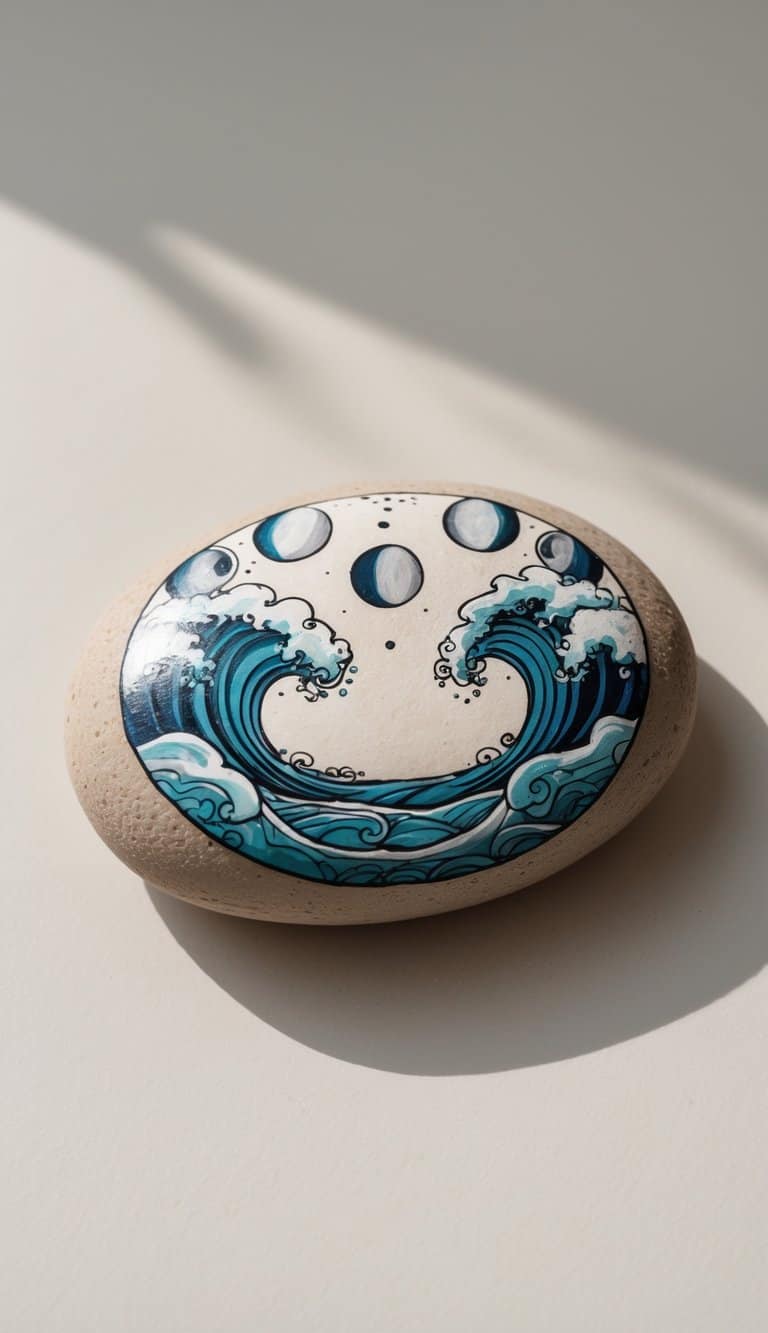 A single painted river rock featuring a moon and ocean wave design on a neutral background.