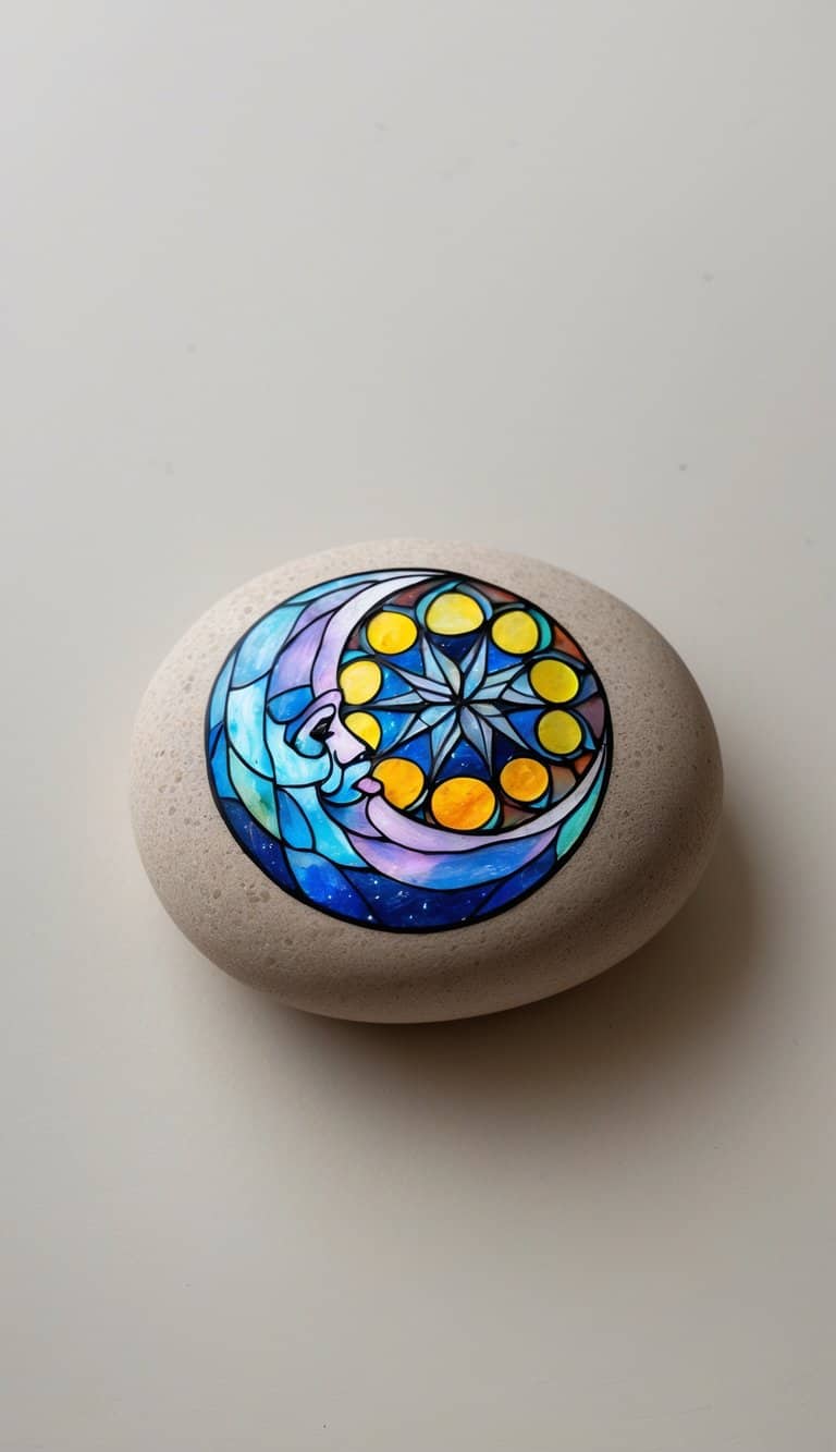 A single smooth river rock painted with a detailed moon design on a plain background.