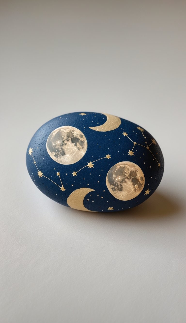 Close-up photo of a smooth river rock painted with a moon and constellation map design on a plain background.