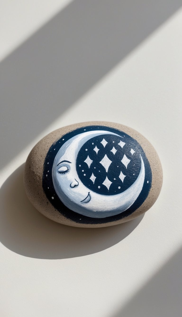 Close-up of a single smooth rock painted with a moon and scattered diamond shapes on a plain background.