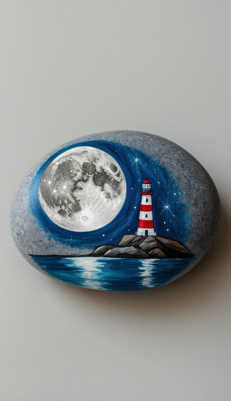 A close-up photo of a single smooth river rock painted with a moon and lighthouse beacon design on a plain background.