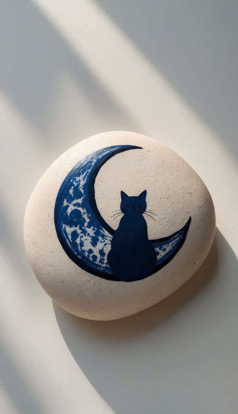 A close-up image of a smooth river rock painted with a moon and cat silhouette design on a plain background.