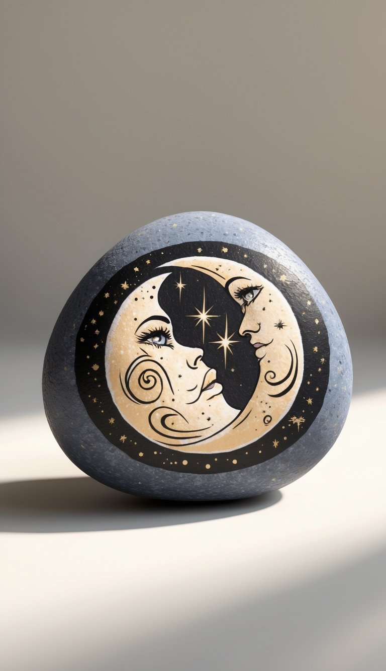 A single smooth river rock painted with a moon design featuring sparkles and spark plugs, shown against a plain background.