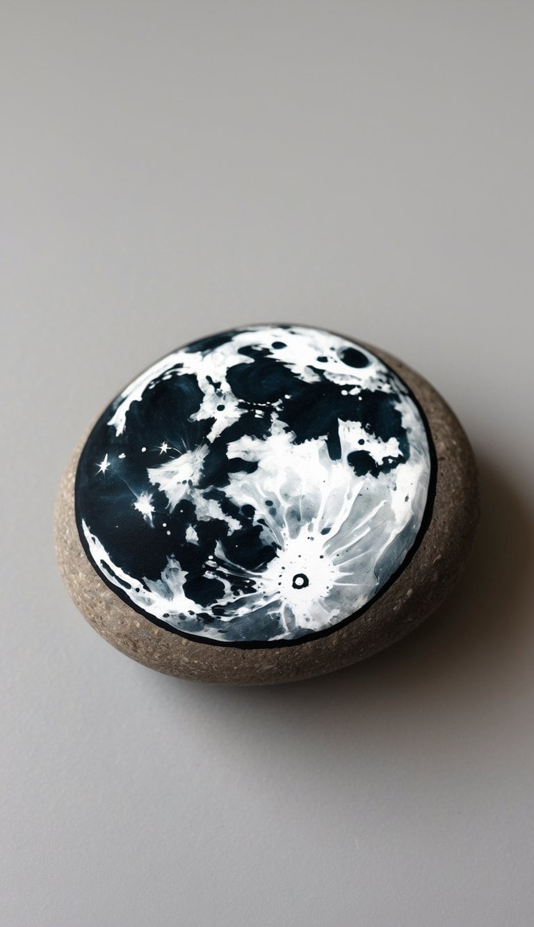 A close-up image of a single painted rock featuring a detailed moon design on a plain background.