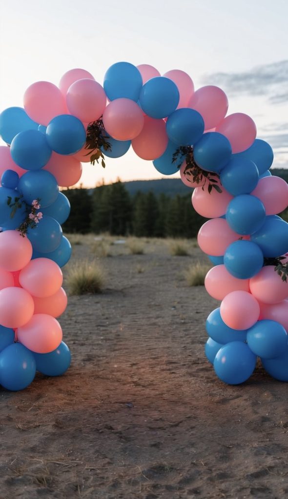 Pink and blue balloon arch on a dirt trail surrounded by grass tufts, with twilight sky and mountains in the distance.
