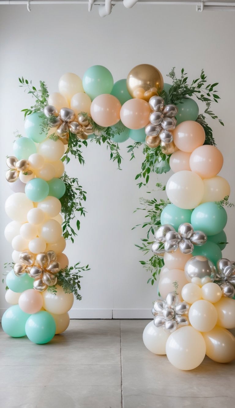 Small balloon arch with blush peach, mint green, and cream balloons, accented with gold and silver metallic balloon flowers and sprigs of fresh greenery.