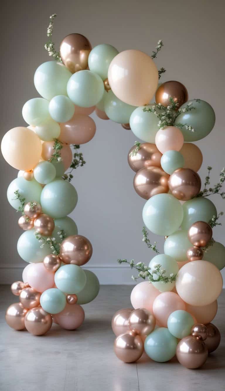 Small balloon arch with pale mint, creamy ivory, blush, and rose gold balloons accented by baby’s breath flowers.