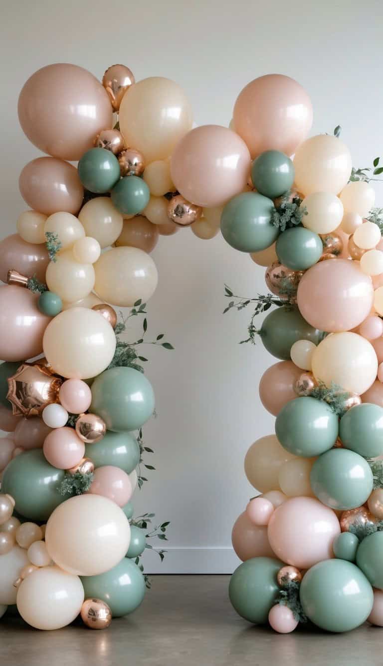 Small balloon arch featuring moss green, pale peach, cream, dusty rose, and rose gold balloons with soft greenery accents.