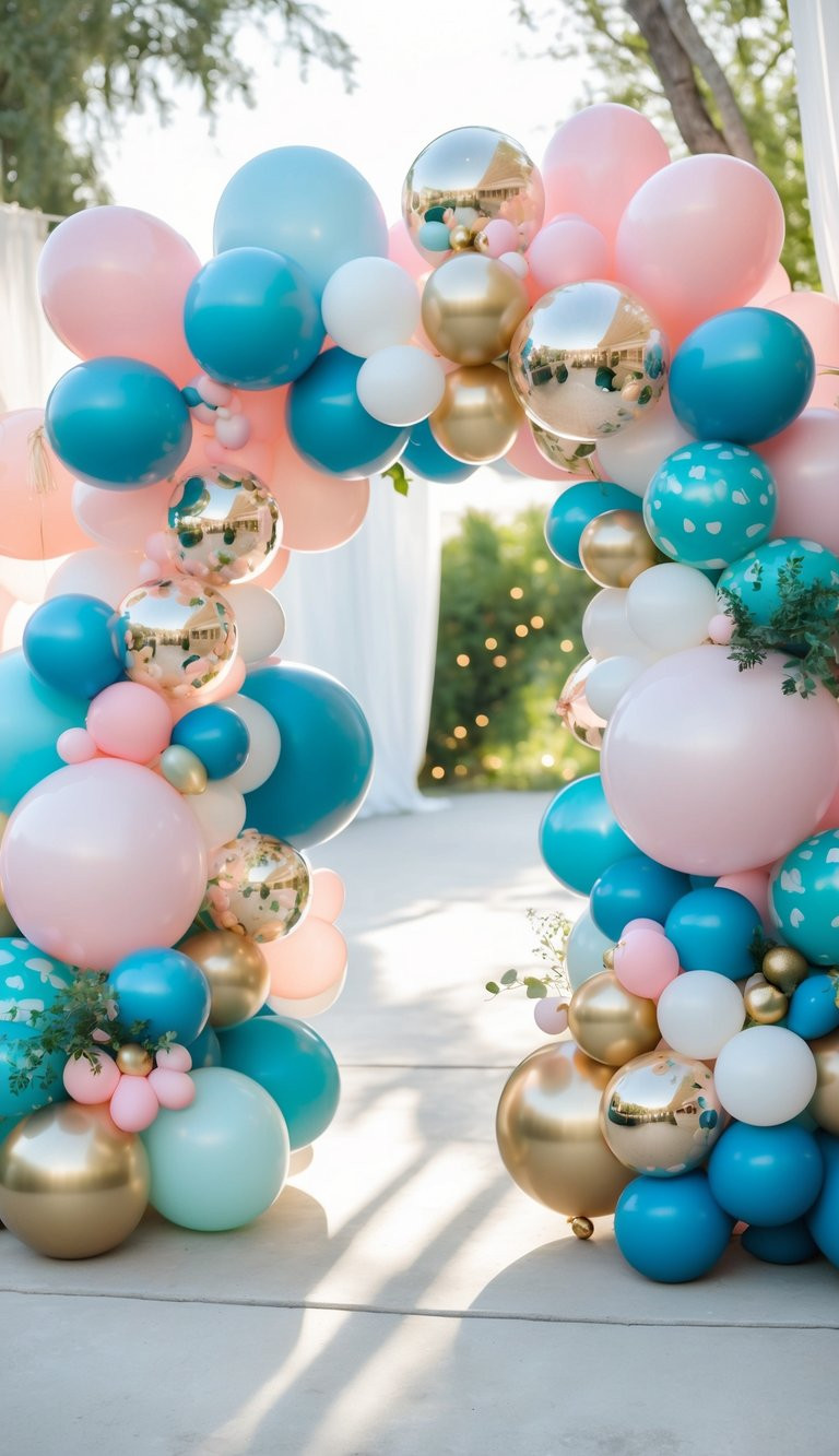 Gender reveal arch featuring bubblegum pink, turquoise blue, white, and chrome gold balloons with polka dots and greenery.