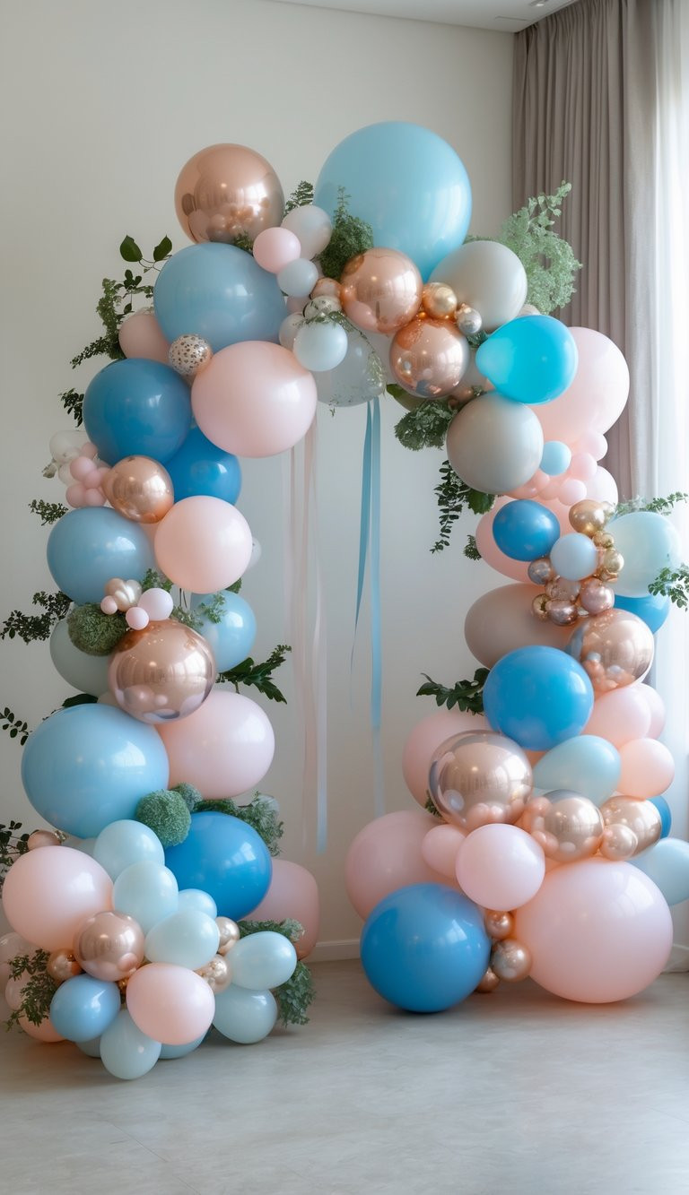 Gender reveal arch featuring powder blue, pale blush, cream, and rose gold balloons with greenery and soft ribbons.