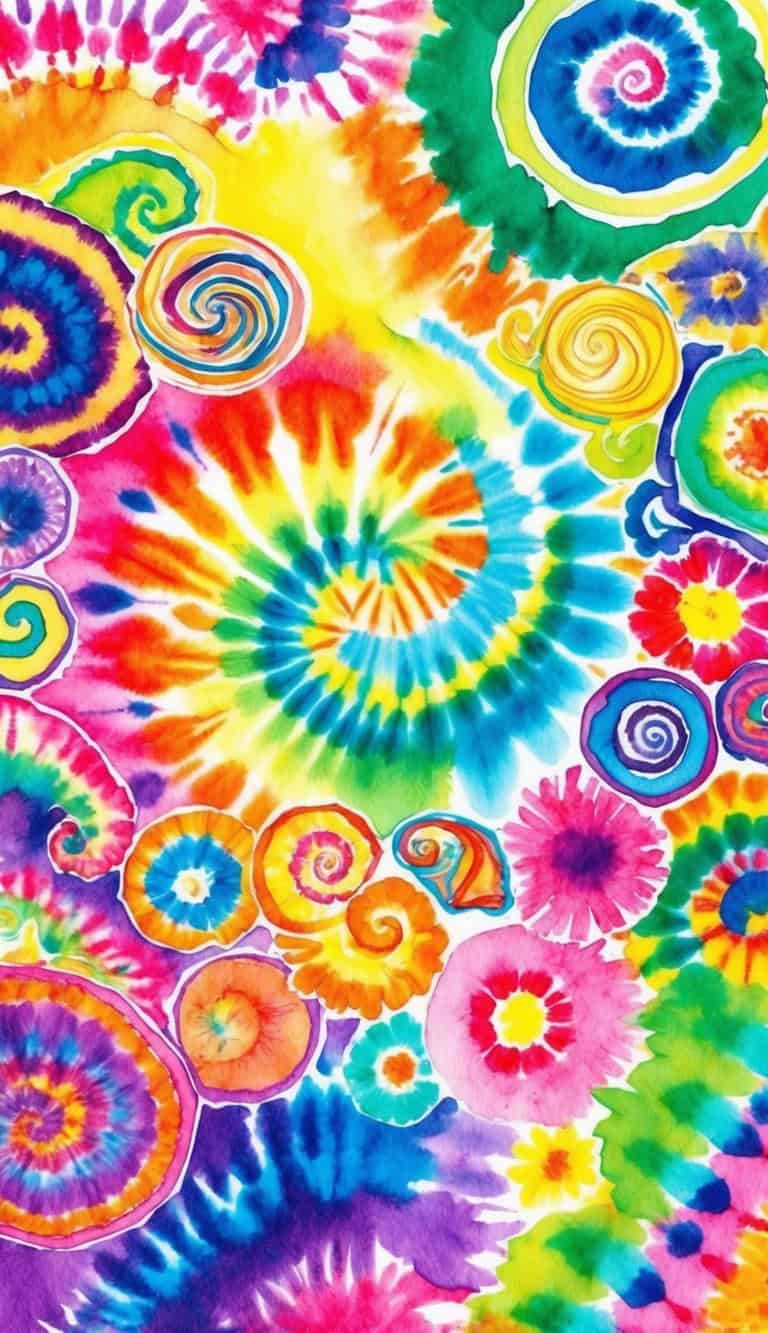 Colorful tie-dye pattern with various spiral and circular shapes in vibrant shades of blue, yellow, green, red, orange, and purple.