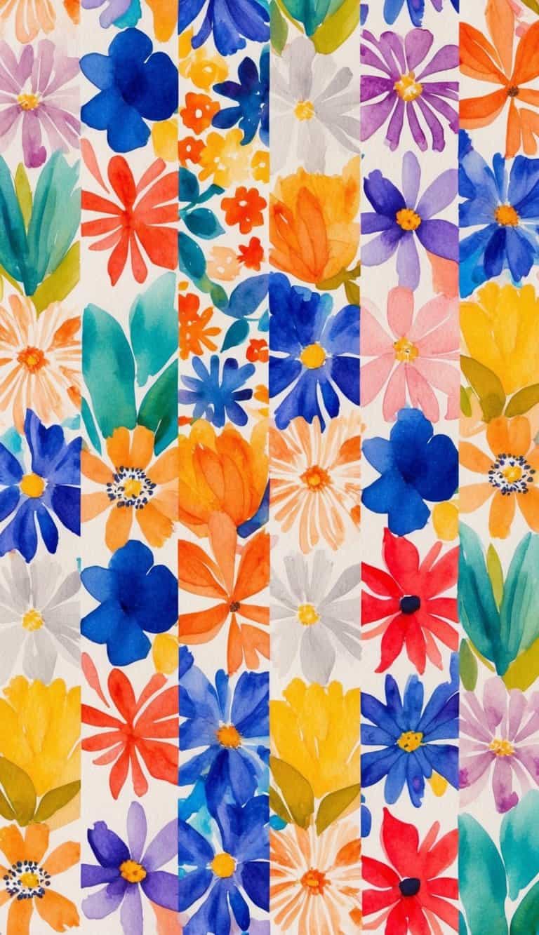 Watercolor floral collage in vertical panels featuring daisy-style blooms in bold blues, oranges, purples, and reds.
