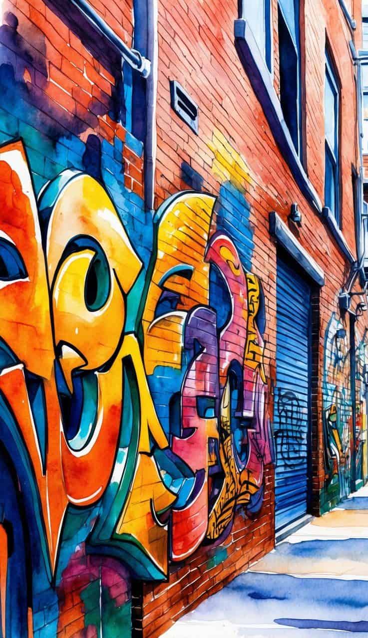 Vibrant graffiti artwork on a red brick alley wall with bold, overlapping spray-painted letters and urban texture.