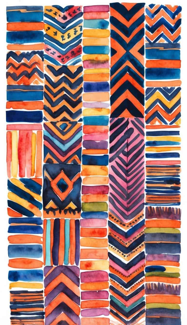 Watercolor iPhone wallpaper featuring hand-drawn tribal-inspired chevrons and stripes in warm orange, navy, and pink.