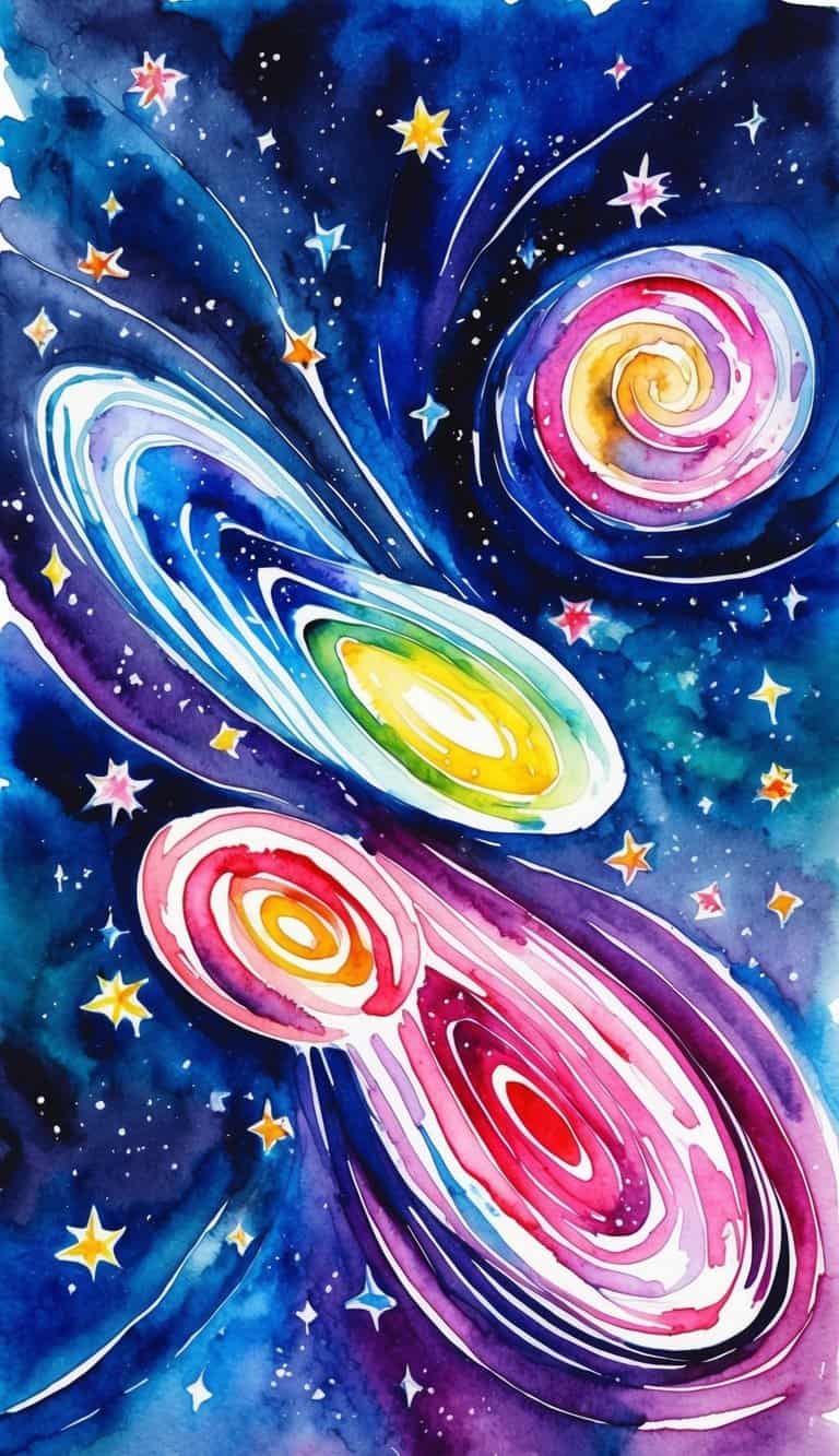 Vibrant, swirling galaxies against a deep indigo sky, dotted with multicolored stars and abstract shapes