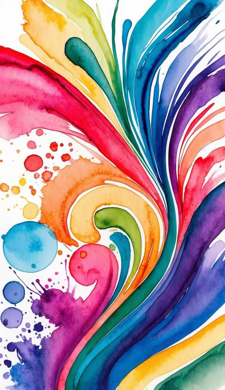 Abstract watercolor swirl design with rainbow curves and paint splashes for iPhone wallpaper.