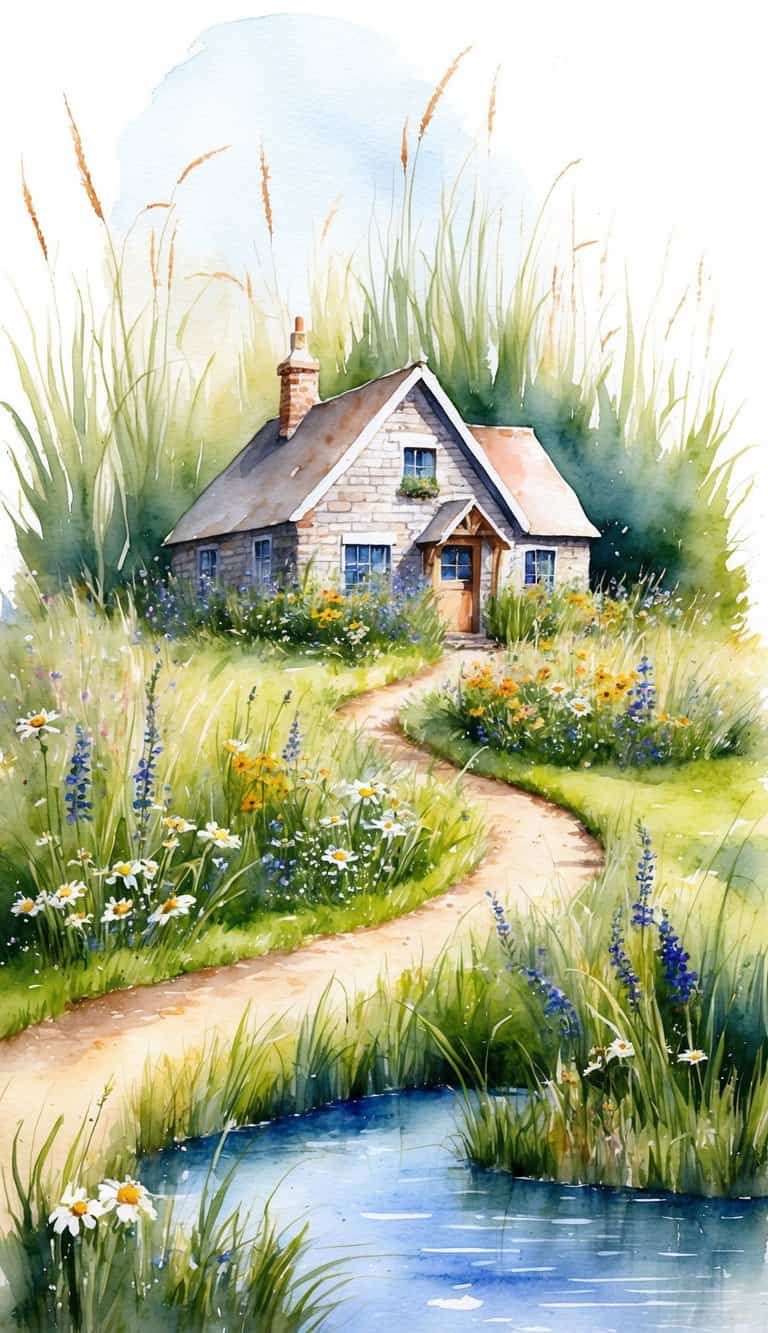 Watercolor of a stone cottage surrounded by wildflowers, with a curved path and a small pond in the foreground.