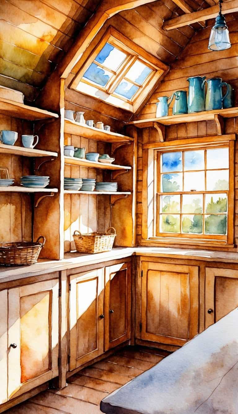 Cozy iPhone wallpaper showing a rustic wooden kitchen with open shelving, plates, mugs, and soft lighting.