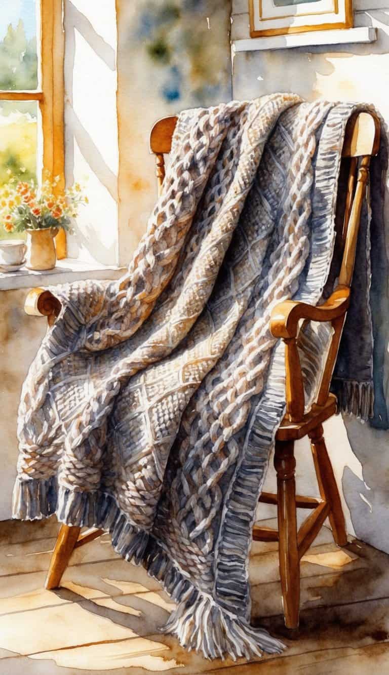 Watercolor iPhone wallpaper of a wooden chair draped with a thick knitted blanket near a sunny cottage window.