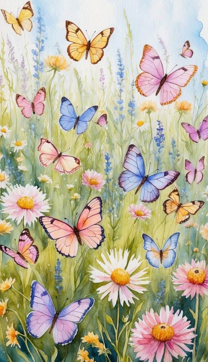 Hand-painted pastel butterfly iPhone background with soft green grass and blooming wild daisies.