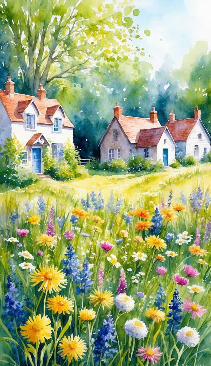 Watercolor wallpaper of English-style cottages with red roofs surrounded by wildflowers in a meadow under tall trees.