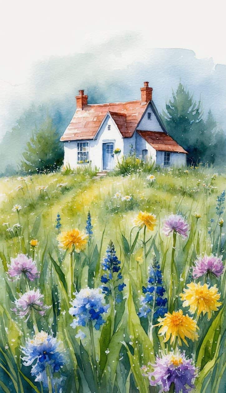 A white cottage with a red roof sits in the background, surrounded by tall green grass and colorful wildflowers under a misty sky.