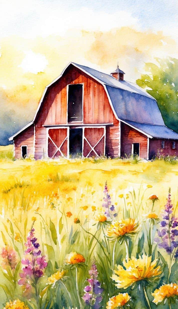 Watercolor iPhone wallpaper of a rustic red barn in a sunlit field with golden yellow and lavender wildflowers.