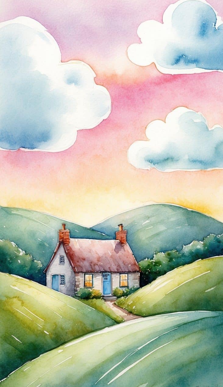 iPhone wallpaper featuring a cozy stone cottage, curvy green hills, and a vivid watercolor sky at sunset.