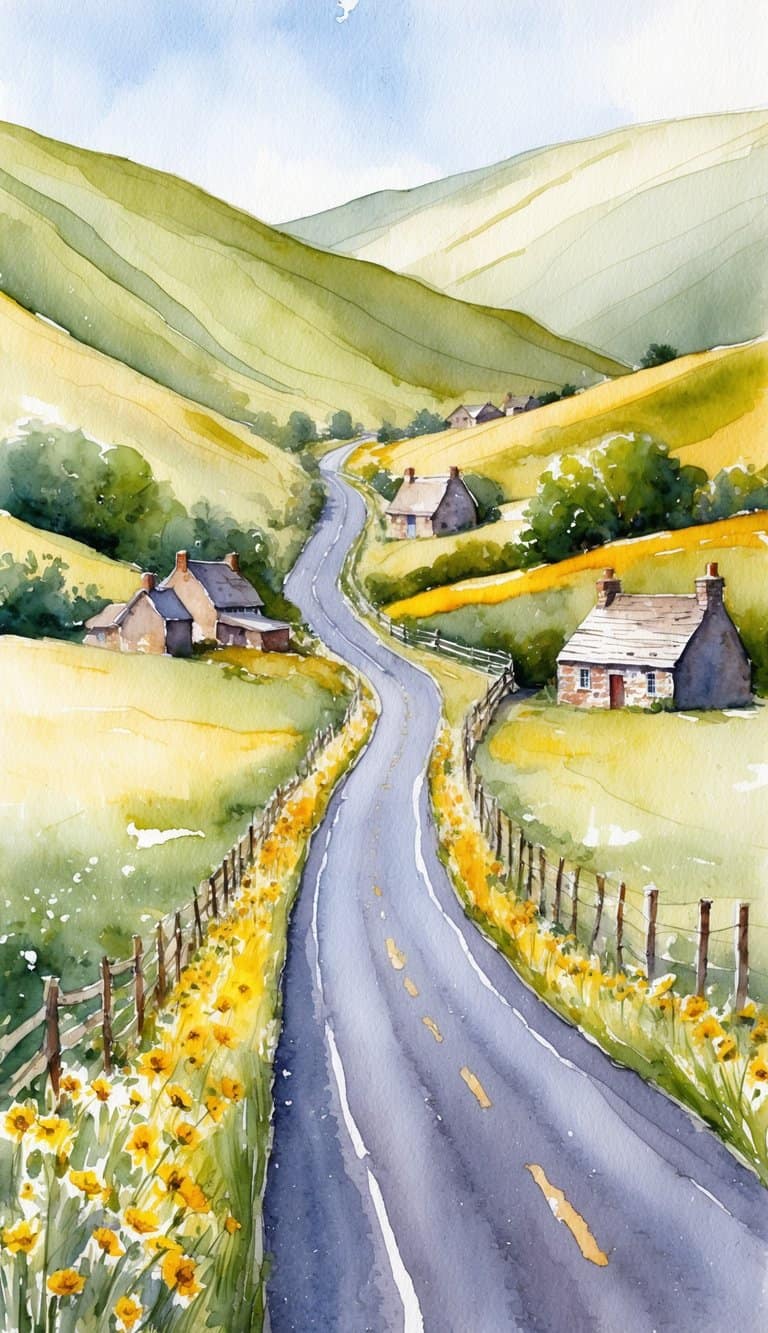 Watercolor of a winding road through green hills with stone cottages and yellow wildflowers, cottage core iPhone wallpaper.