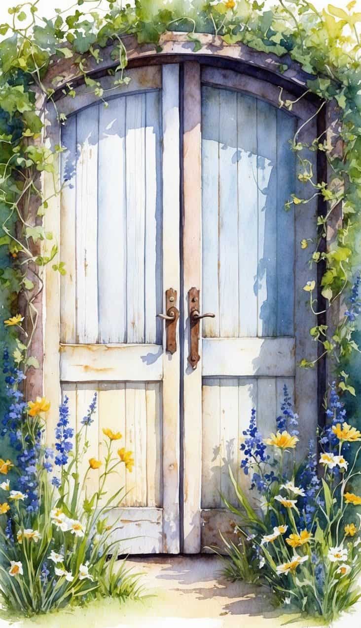 Watercolor of arched pale wood gate framed by ivy and wildflowers, in soft cottagecore watercolor style.