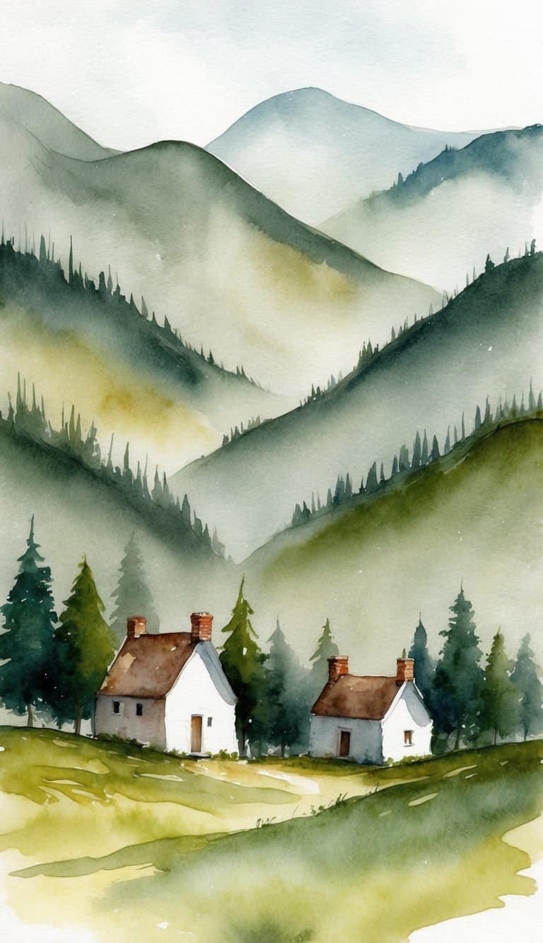 Watercolor landscape of soft misty mountains with two white cottages and forest pines in the foreground.