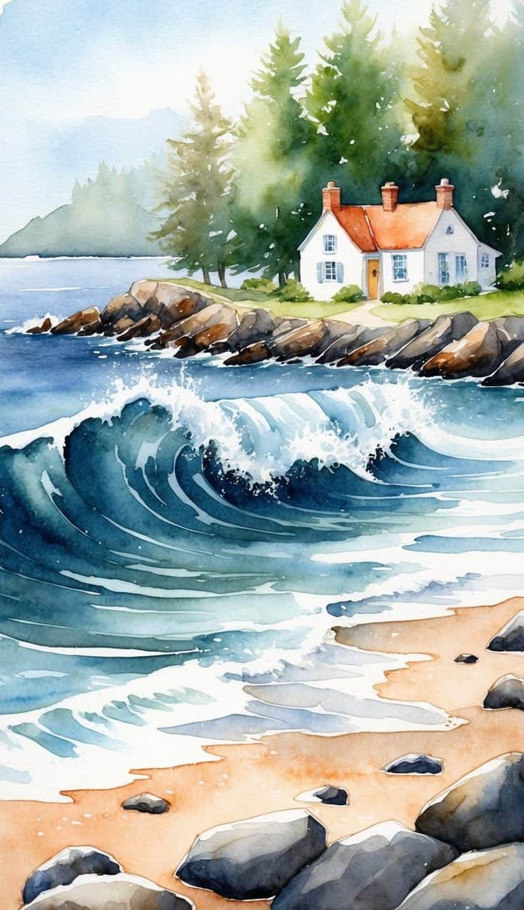 White coastal cottage surrounded by pines, with ocean waves and beach rocks in a soft watercolor style.
