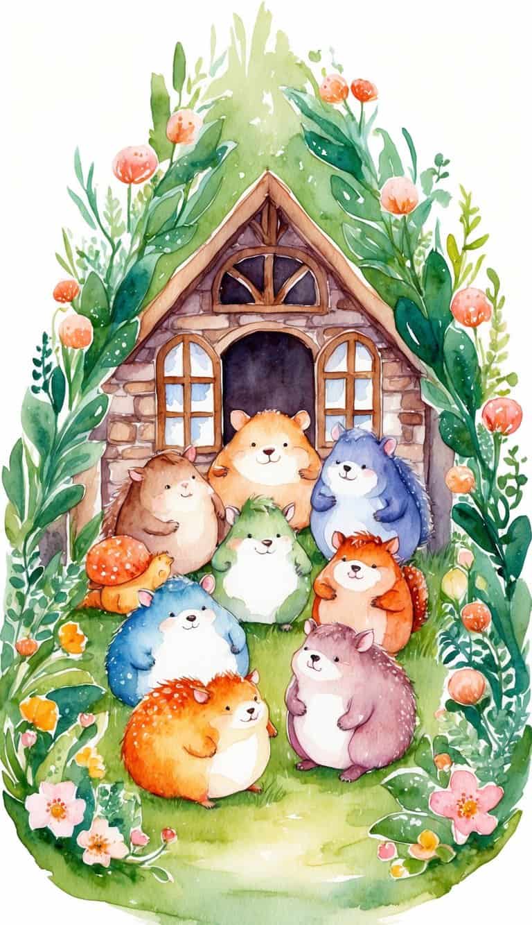 Watercolor of cute multicolored hedgehogs gathered in front of a stone cottage surrounded by flowers and leaves.