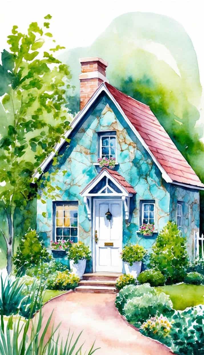 Hand-painted cottage with cracked turquoise walls, surrounded by flowering bushes and a brick path.