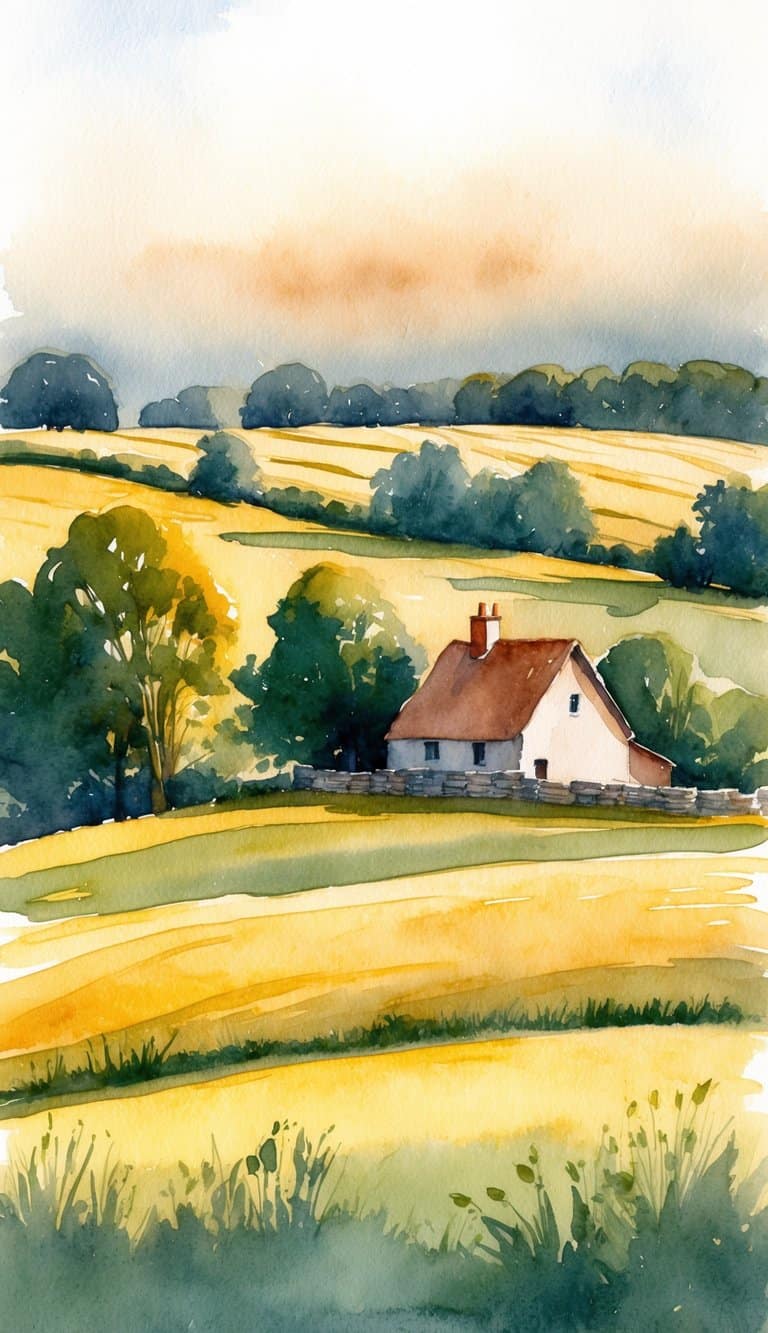 Watercolor landscape of a small stone cottage surrounded by golden fields and distant tree-lined hills.