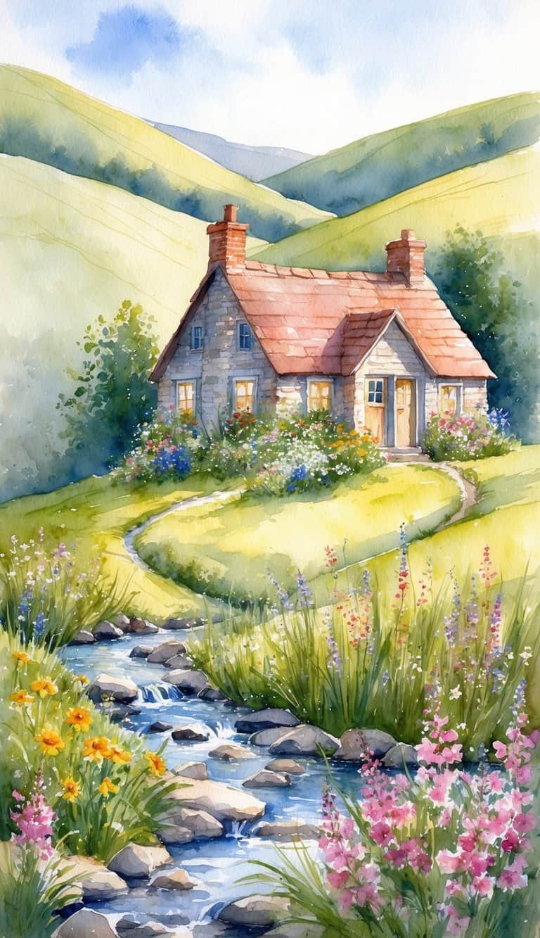 Watercolor stone cottage surrounded by flowers with a clear stream and green hills in the background.